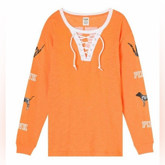 ❌SOLD❌ VS PINK LACE UP LONG SLEEVE CAMPUS TEE SHIRT HERE FOR THE BOOS BLING DOG - Picture 6 of 8